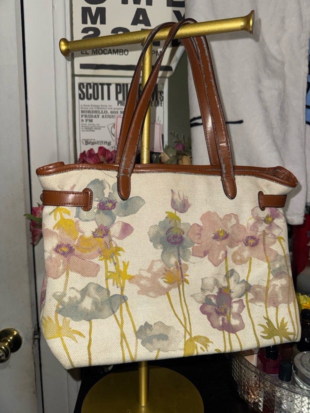 Ralph Lauren Cream Canvas Floral Tote with Brown Trim